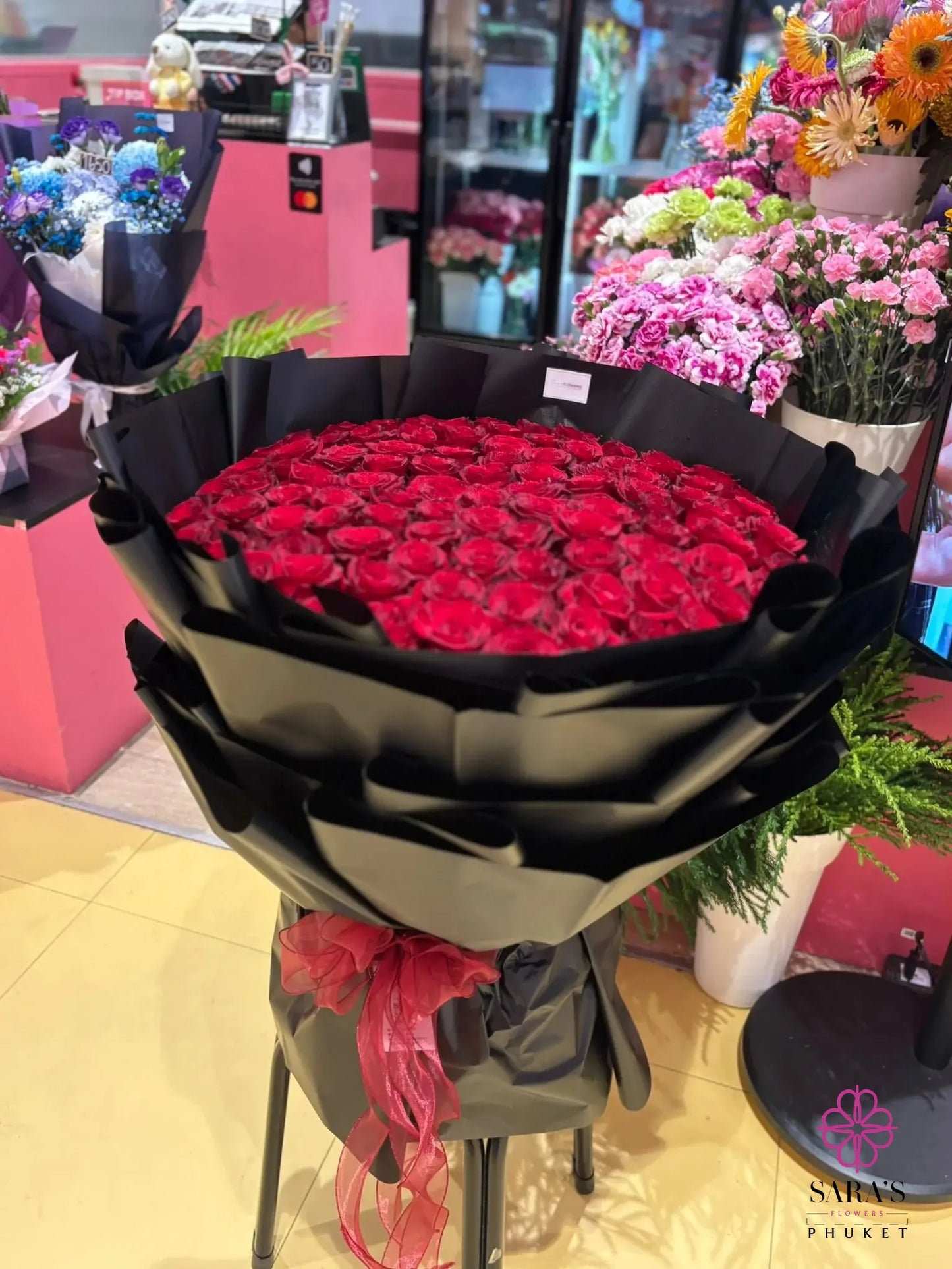 Luxury 100 red rose bouquet by Sara’s Flowers Phuket