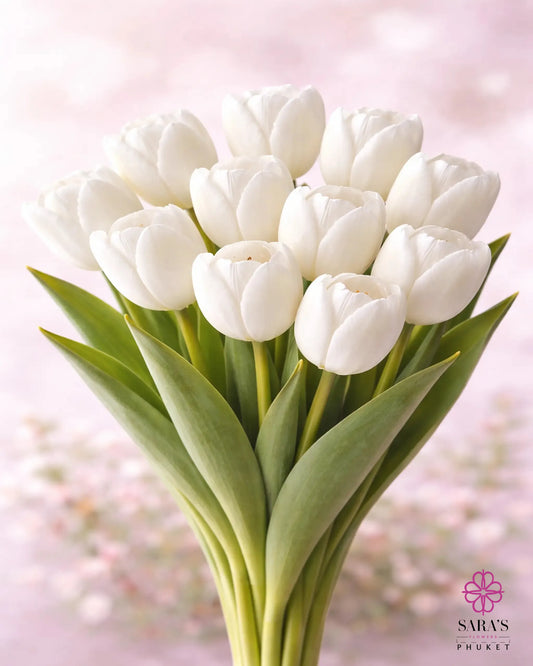 Elegant bouquet of premium white tulips with green stems, against a soft pink background.
