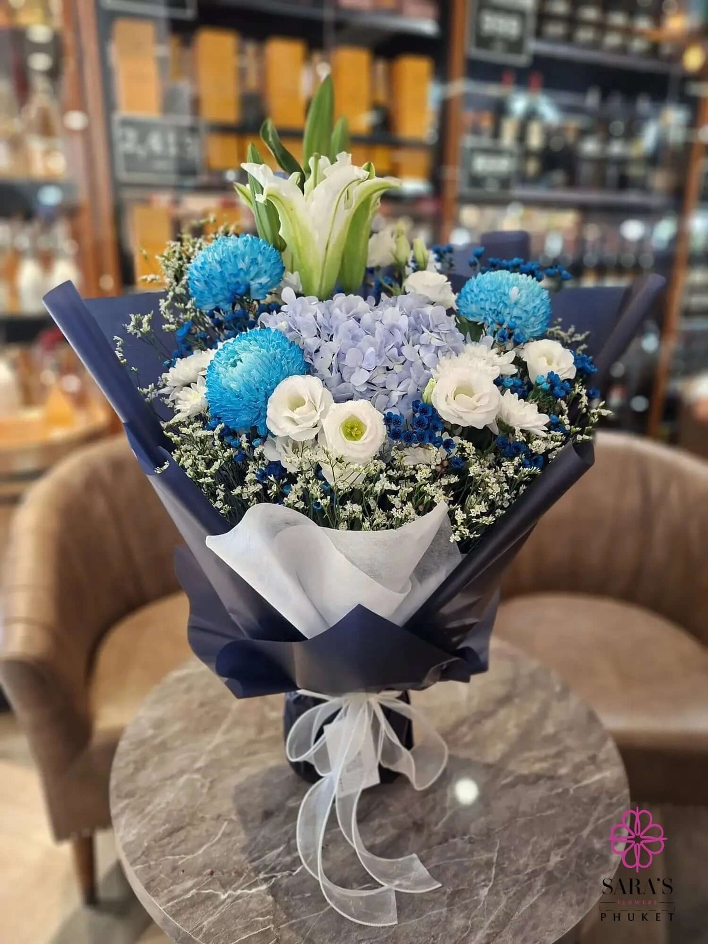 Luxury blue rose bouquet with white flowers Phuket