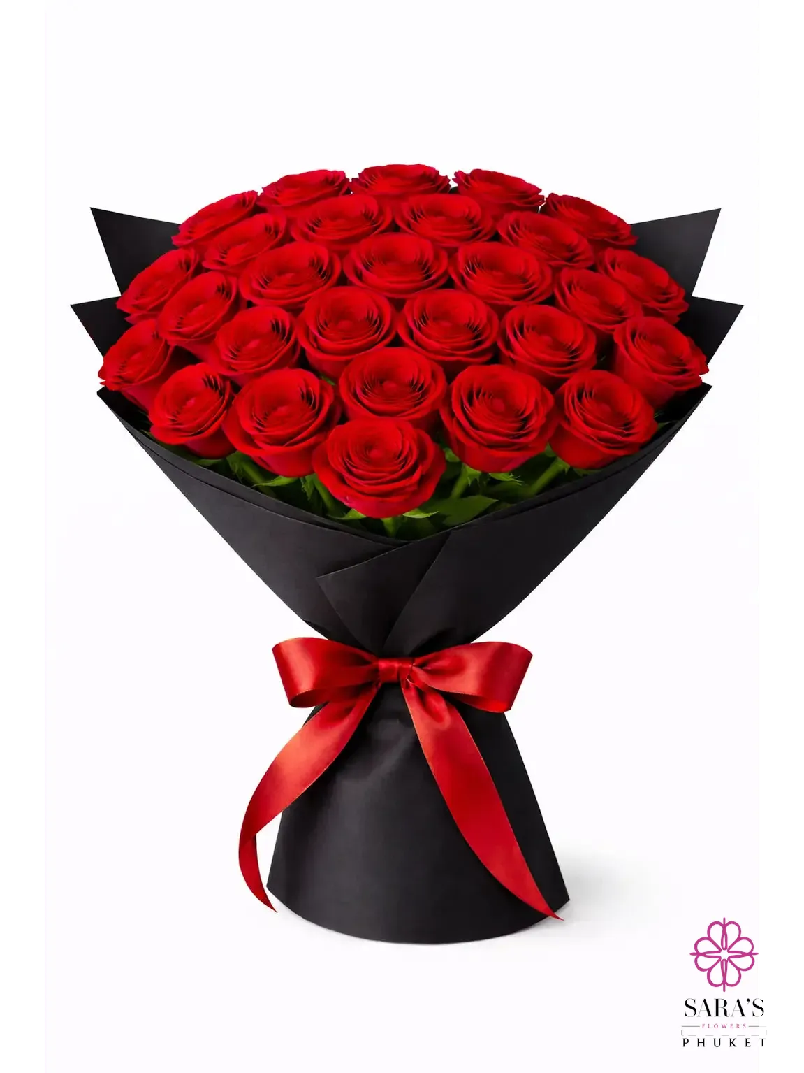 Luxury red rose bouquet with elegant black wrapping and a vibrant red satin ribbon by Sara’s Flowers Phuket.