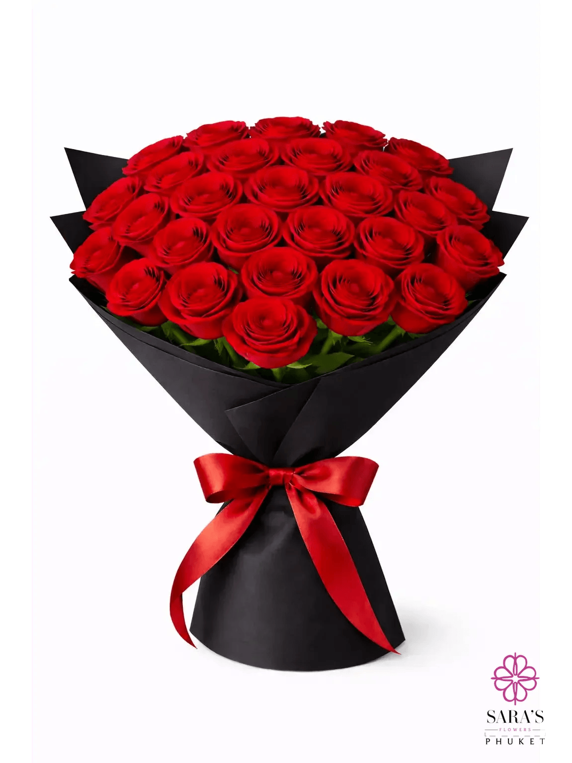 Luxury red rose bouquet with elegant black wrapping and a vibrant red satin ribbon by Sara’s Flowers Phuket.