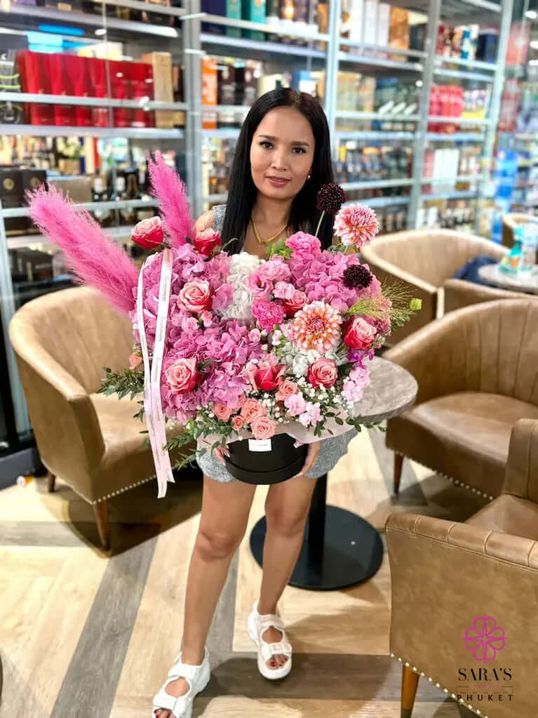 Elegant pink hydrangea flower box with modern floral design in Phuket