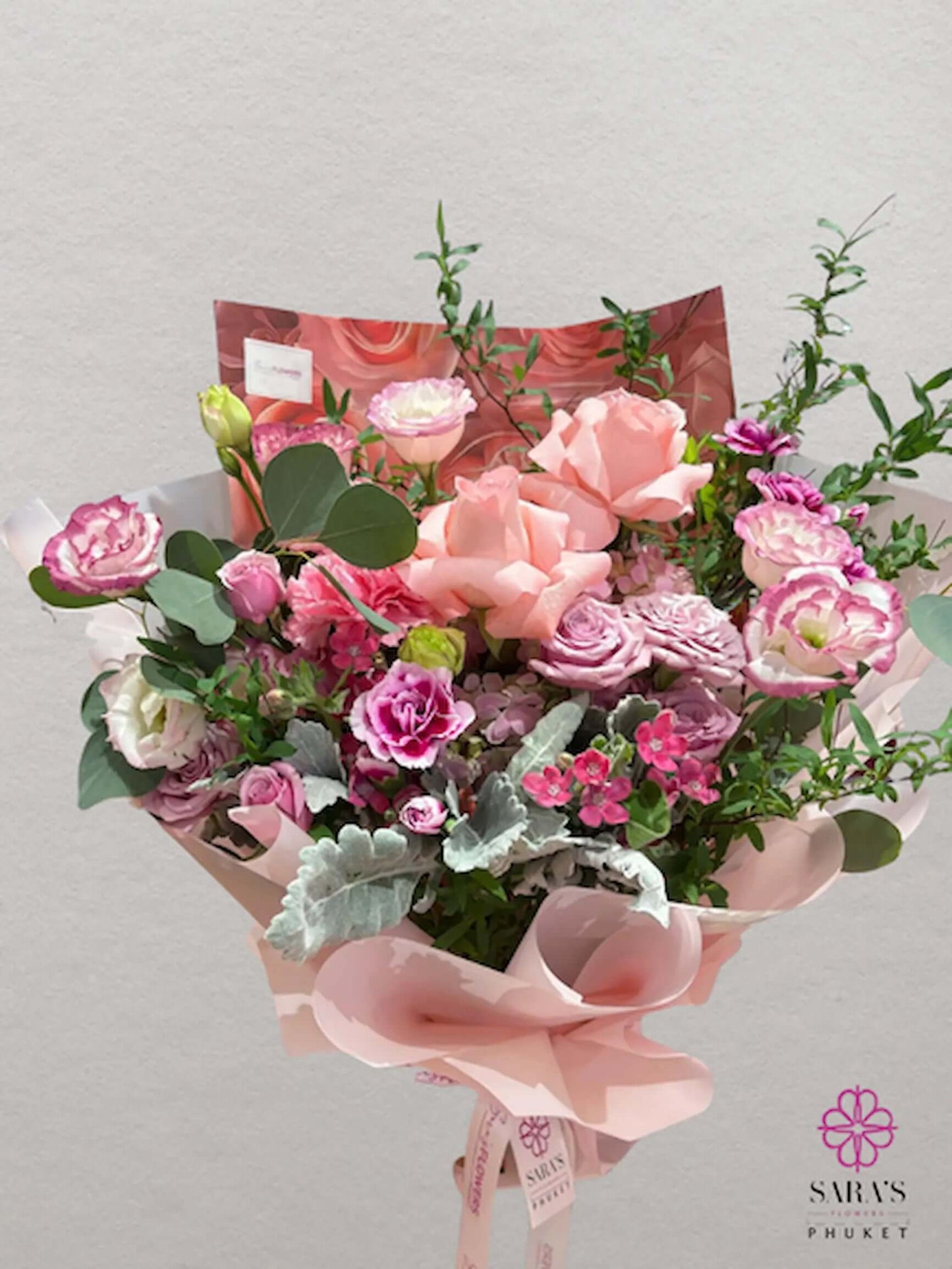 Vintage blush pink bouquet with roses and lisianthus by Sara’s Flowers Phuket
