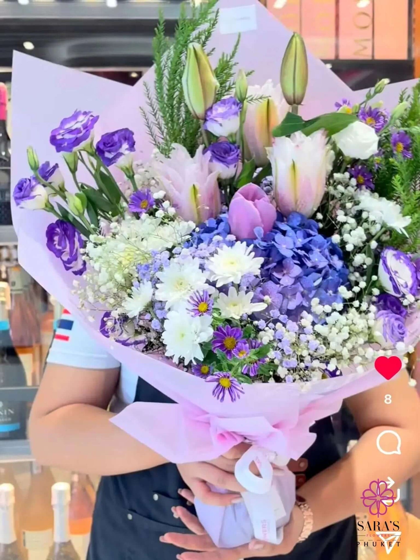 Blue Violet Celestial Bloom bouquet with hydrangeas and lilies in Phuket