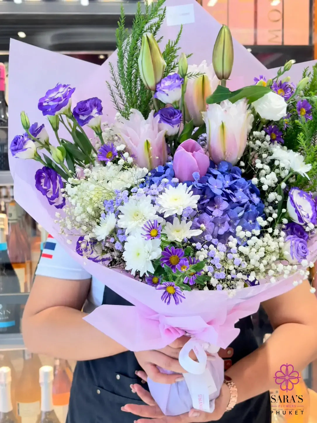 Blue Violet Celestial Bloom bouquet with hydrangeas and lilies in Phuket