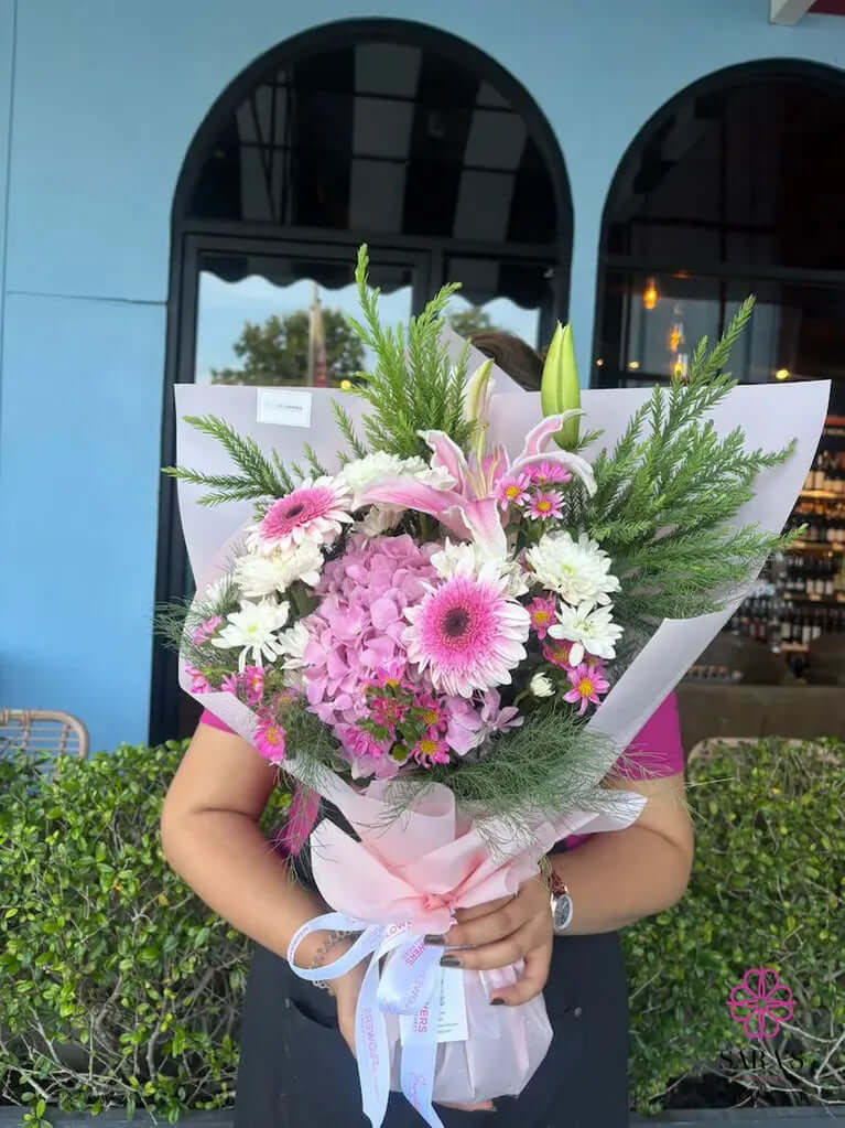 Pink Harmony bouquet with hydrangea lilies and gerbera daisies by Sara’s Flowers Phuket