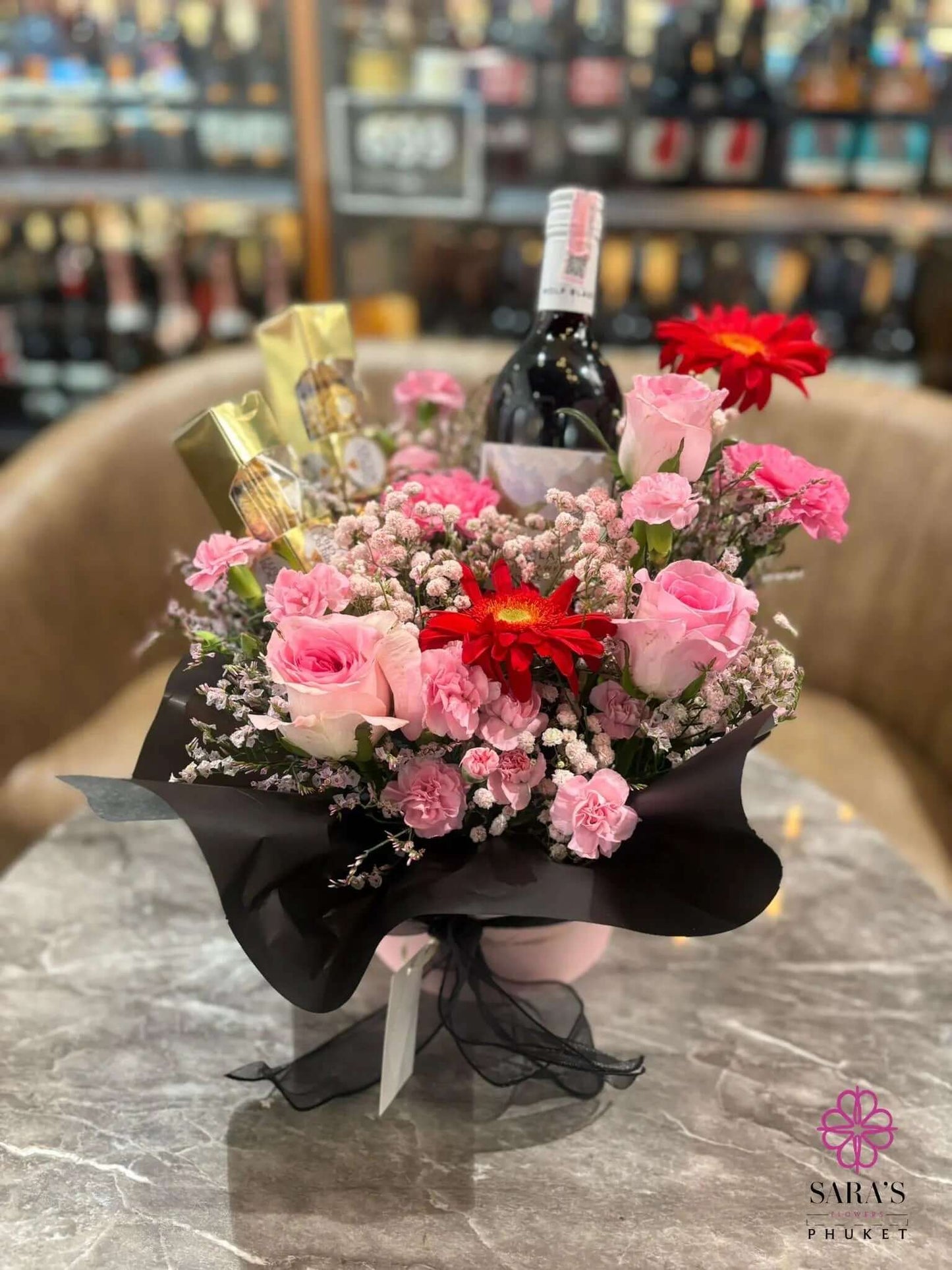 Luxury flower bouquet with wine and chocolates by Sara’s Flowers Phuket