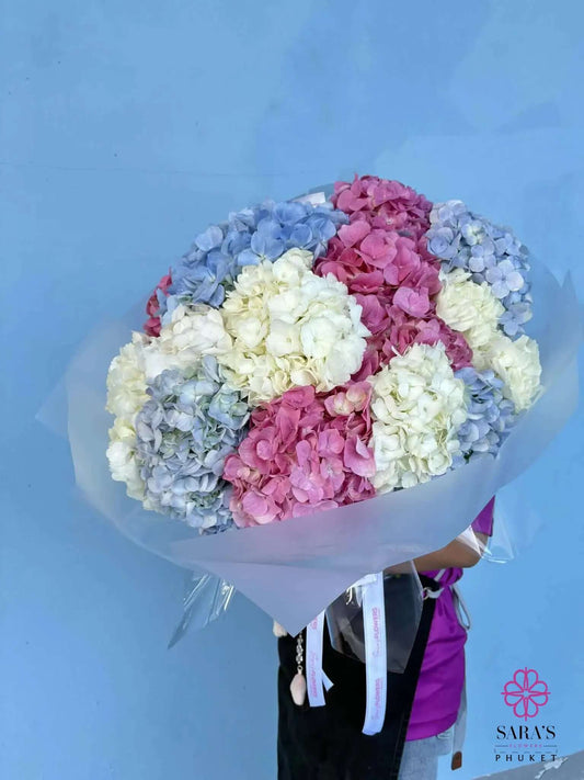 Luxury pastel hydrangea bouquet in pink blue and white by Sara’s Flowers Phuket