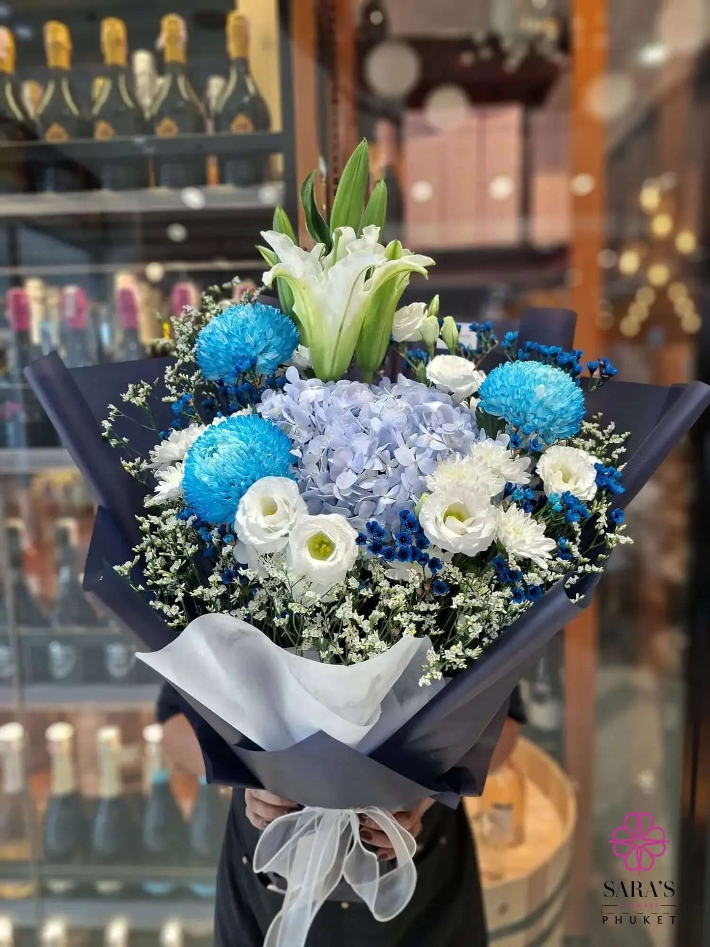 Modern blue and white floral arrangement Phuket