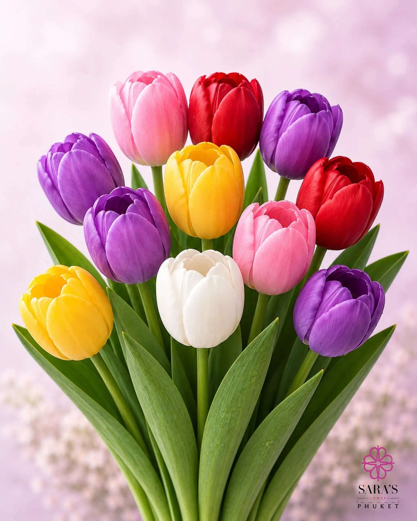 Vibrant Sara's Signature Tulip Bouquet with pink, red, purple, yellow, and white premium imported tulips.