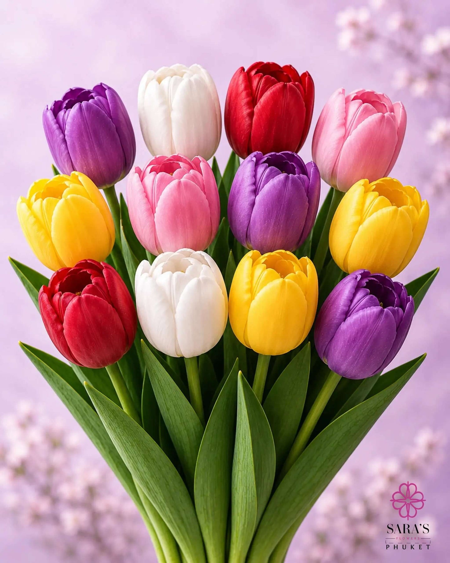 Vibrant bouquet of red, white, pink, purple, and yellow tulips with green stems against a soft lavender background.