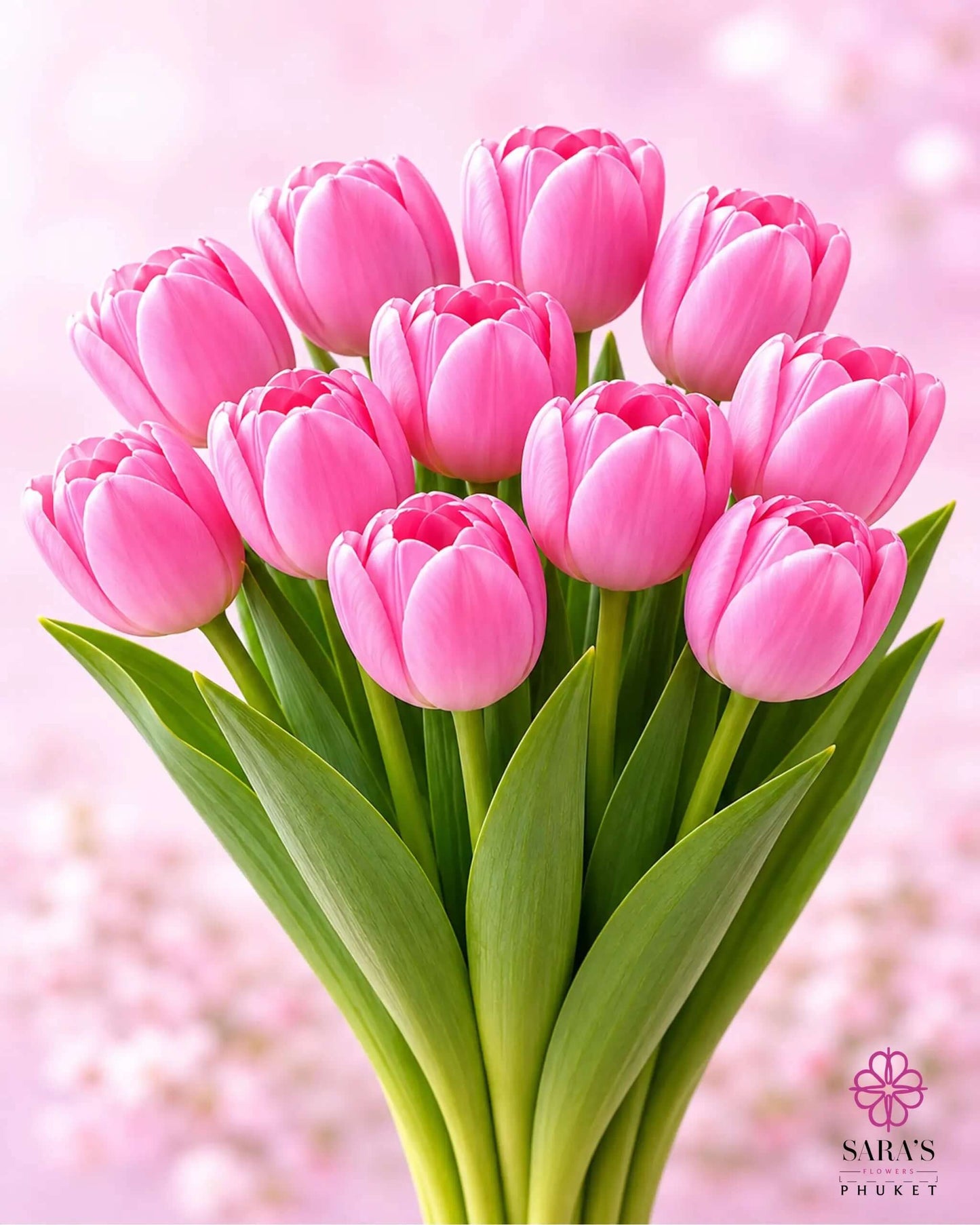 Vibrant pink tulip bouquet with green stems against a soft pink background.