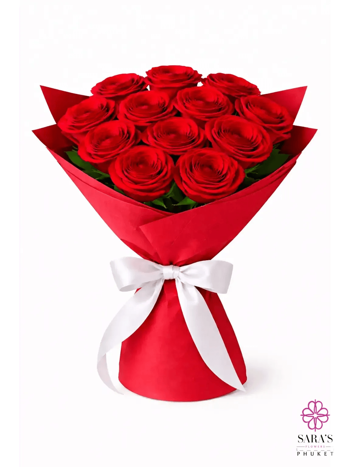 Luxury red rose bouquet with elegant red wrapping and a white ribbon by Sara’s Flowers Phuket.