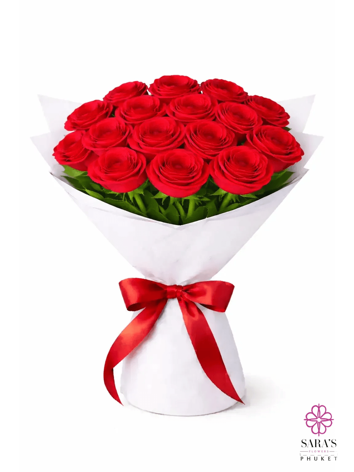 Luxury red rose bouquet with elegant white wrapping and a red satin ribbon, by Sara’s Flowers Phuket.