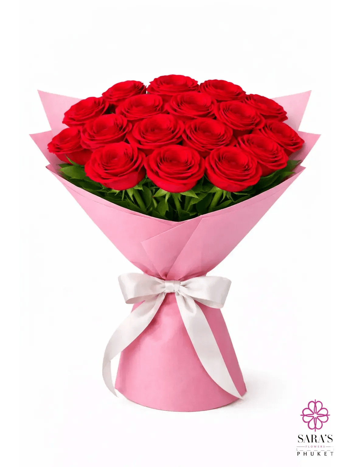 Luxury red rose bouquet with elegant pink wrapping and white ribbon by Sara's Flowers Phuket.