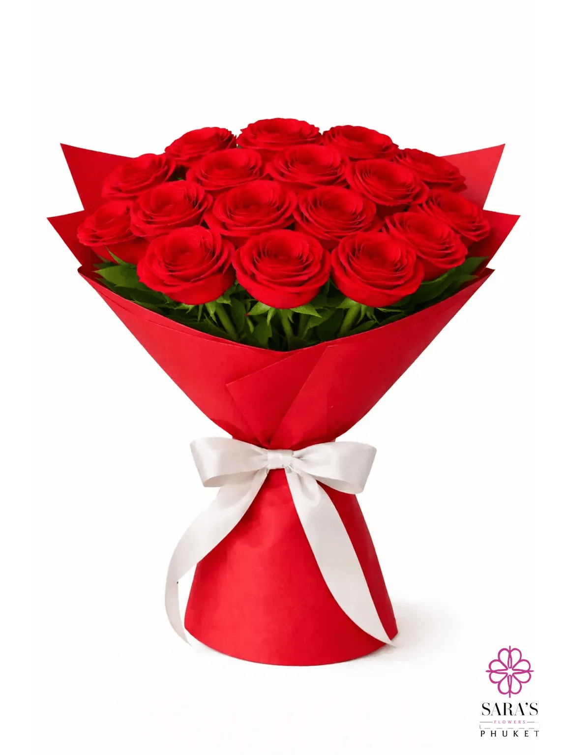 Luxury red rose bouquet with elegant red wrapping and a white ribbon by Sara’s Flowers Phuket.