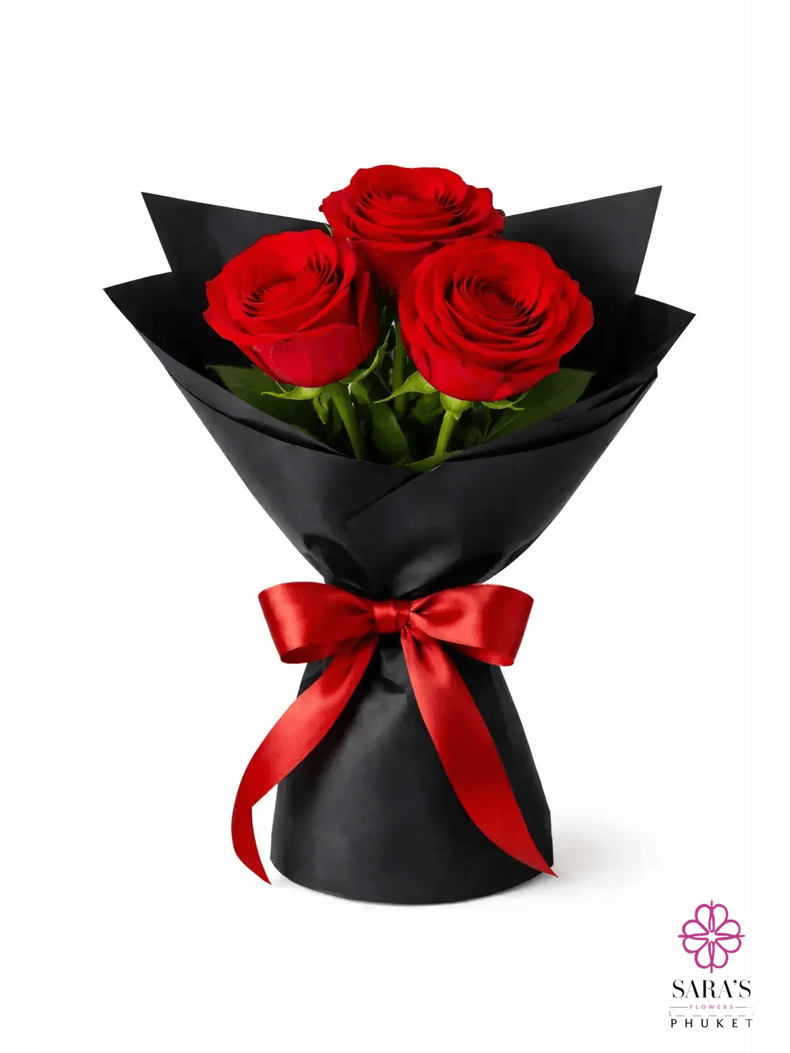 Three vibrant red roses elegantly wrapped in black paper with a red satin bow.