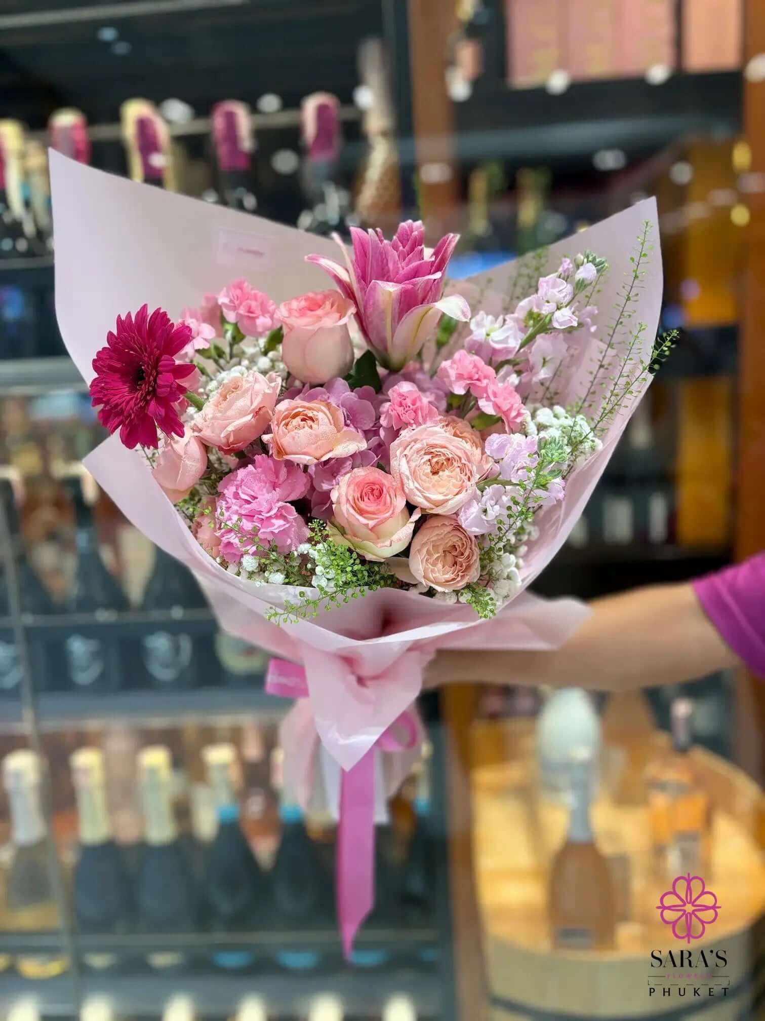 Cotton Candy Crush Bouquet with pink roses lilies gerbera daisies and lisianthus same day delivery