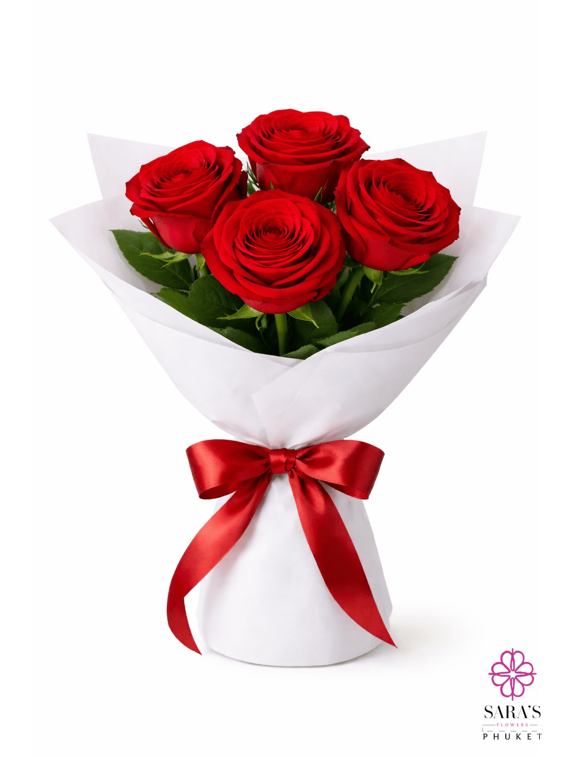 Four long-stem red roses in a luxury white paper wrap with a red satin ribbon by Sara's Flowers Phuket.