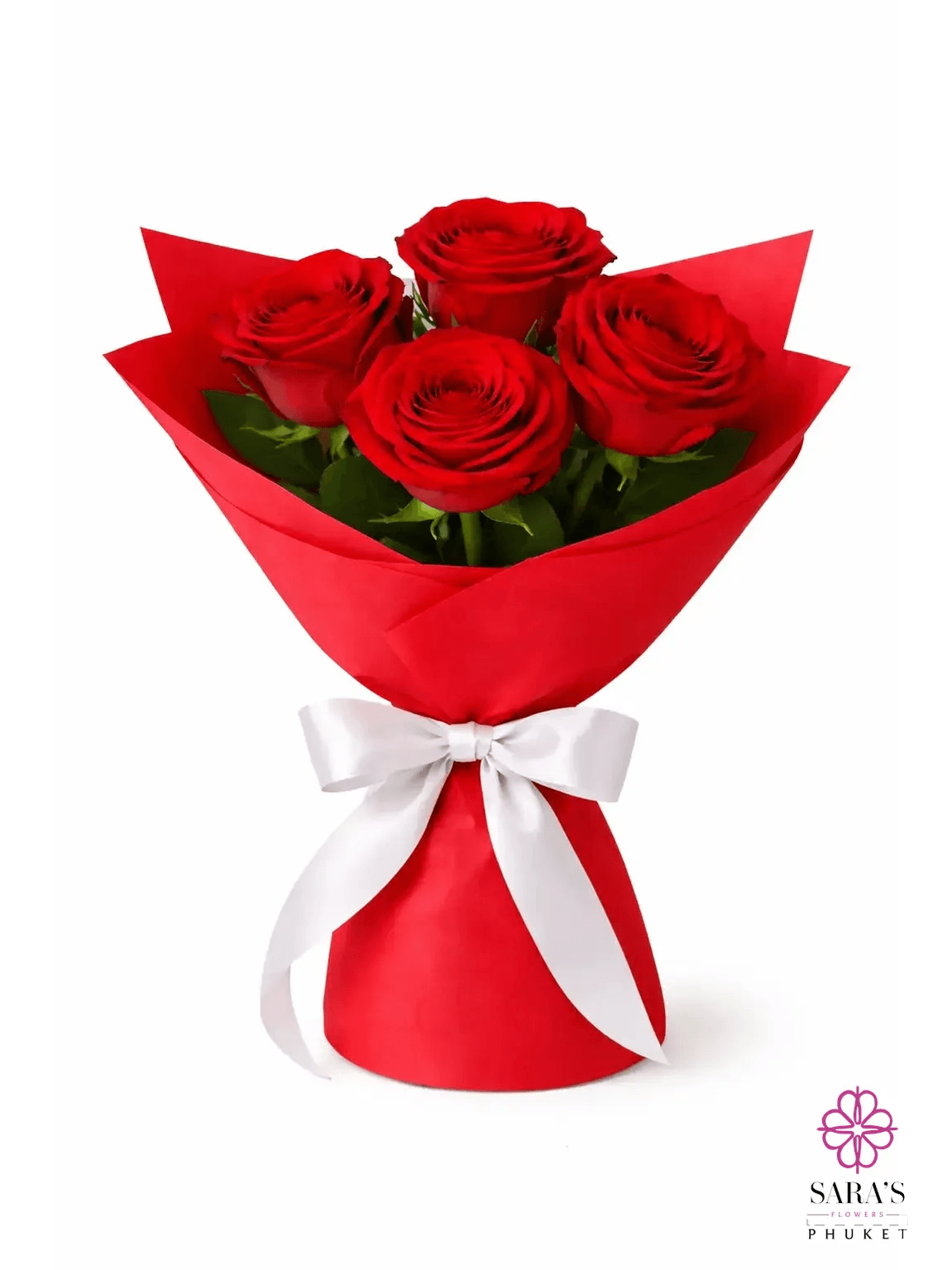 Four vibrant red roses in a luxury red paper wrap with a white satin bow by Sara's Flowers Phuket.