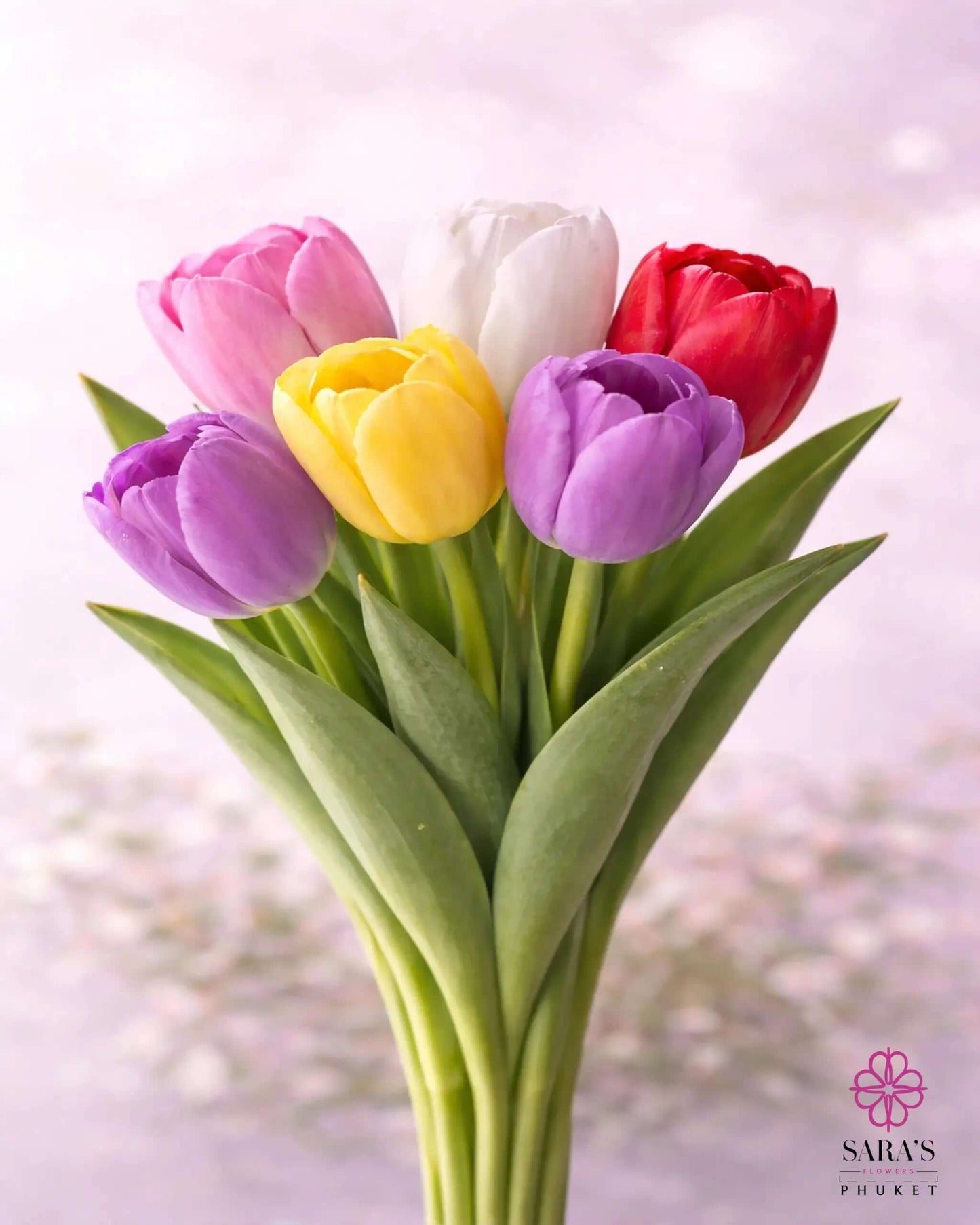 Vibrant Sara's Signature Tulip Bouquet with pink, white, red, yellow, and purple premium imported tulips.