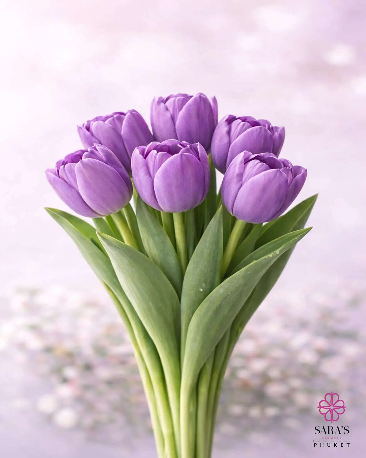 Elegant Sara's Signature Tulip Bouquet with seven vibrant purple tulips and green stems.