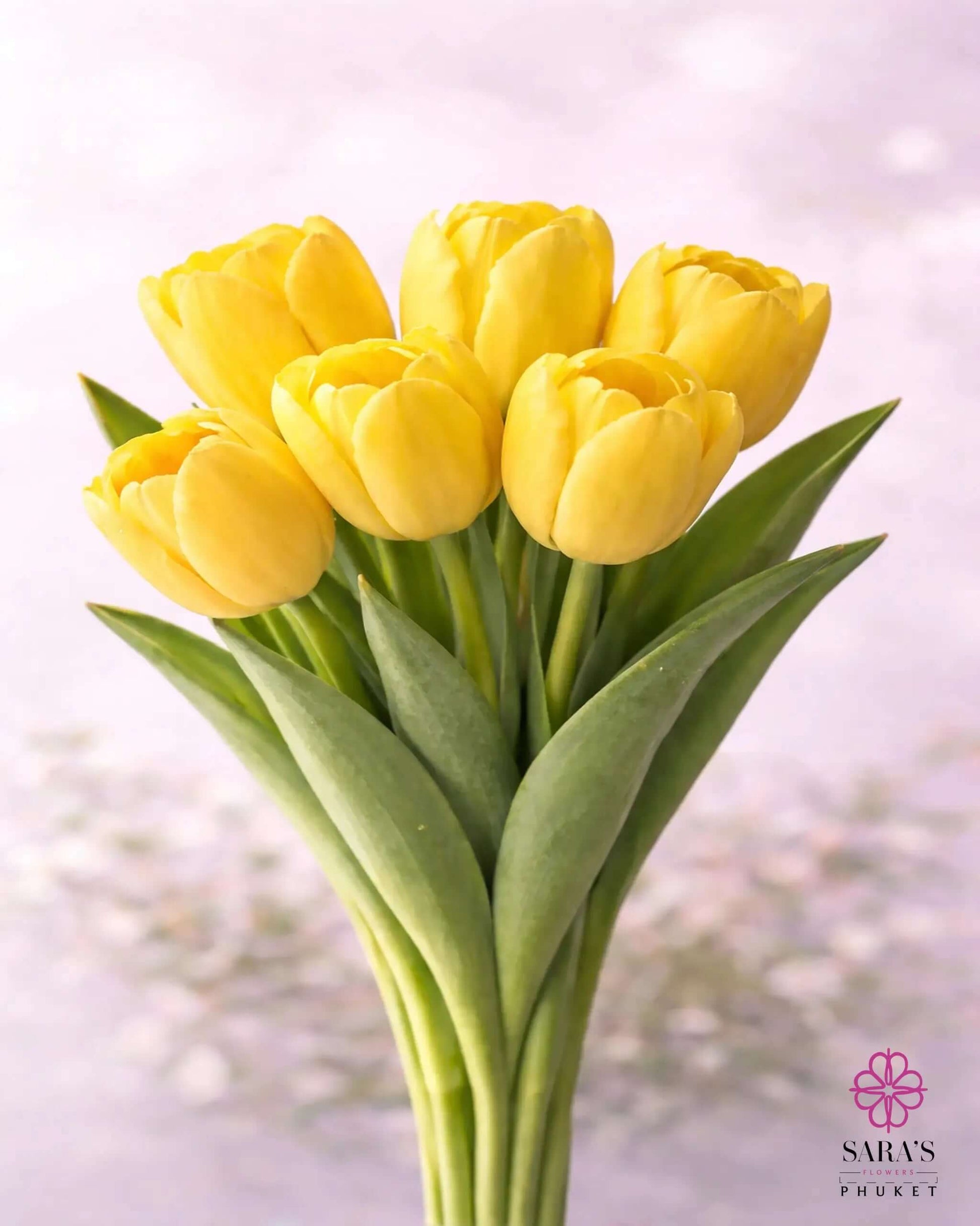 Vibrant yellow tulip bouquet with green stems, elegantly wrapped.