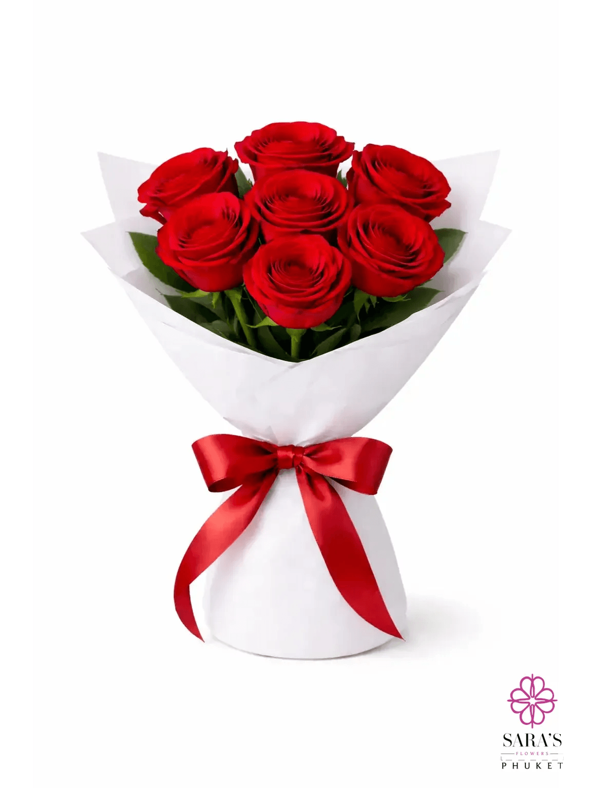 Luxury red rose bouquet with seven long-stemmed roses, wrapped in elegant white paper and tied with a red satin ribbon.