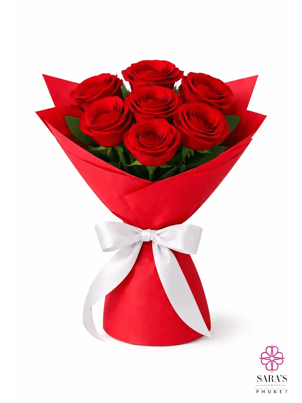 Six vibrant red roses elegantly wrapped in red paper with a white satin bow by Sara’s Flowers Phuket.