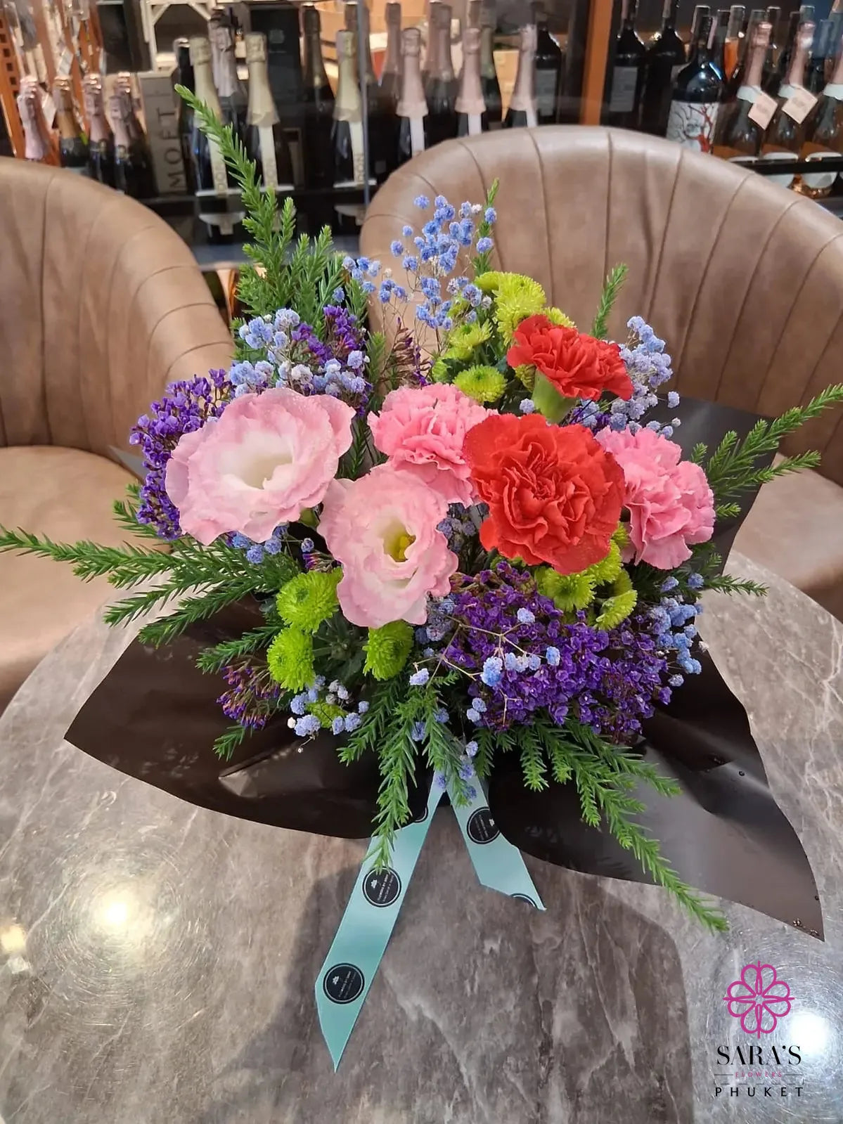 Wild Lavender Garden Bouquet with pink carnations and purple flowers by Sara’s Flowers Phuket