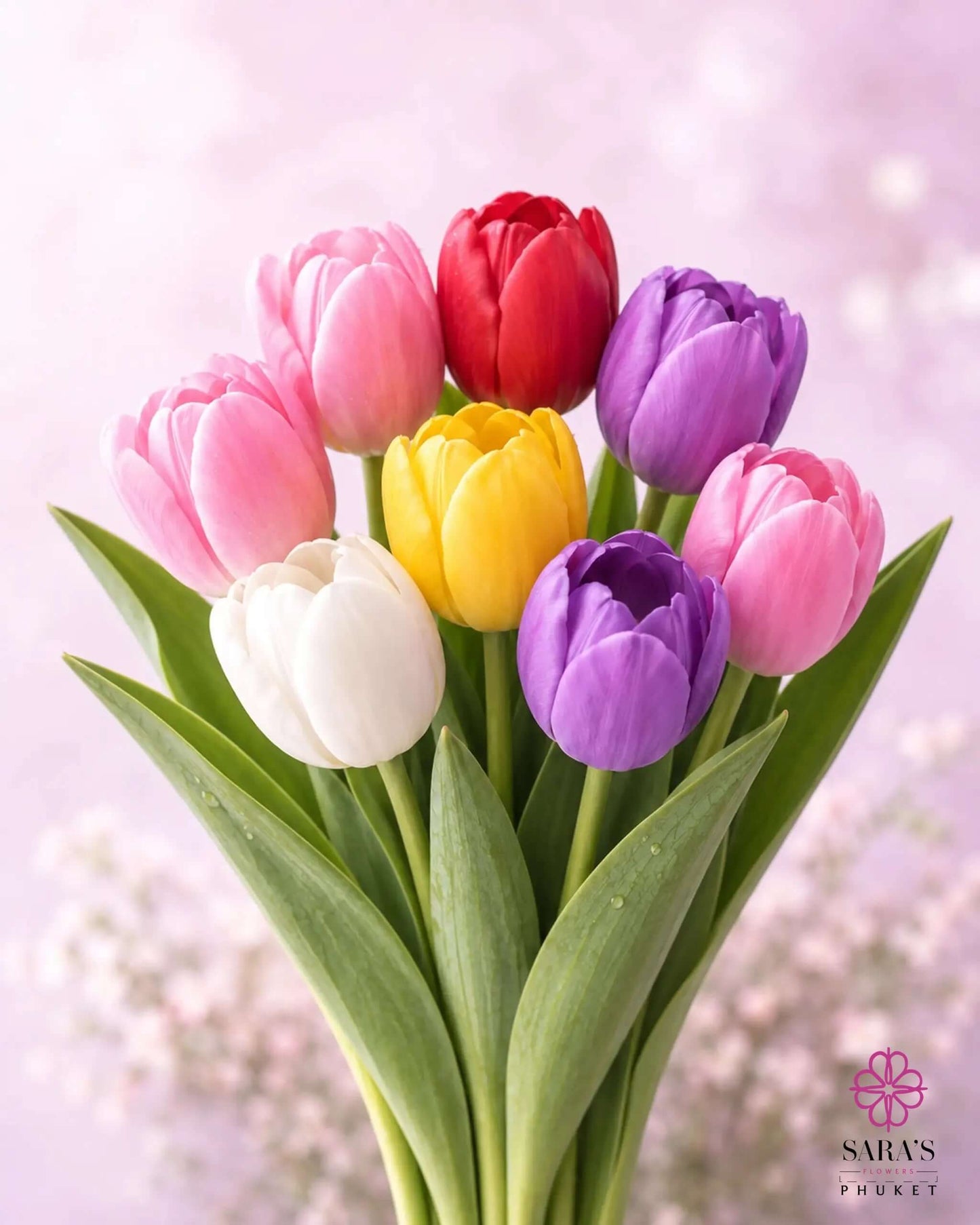 Vibrant Sara's Signature Tulip Bouquet with pink, red, purple, yellow, and white premium imported tulips.