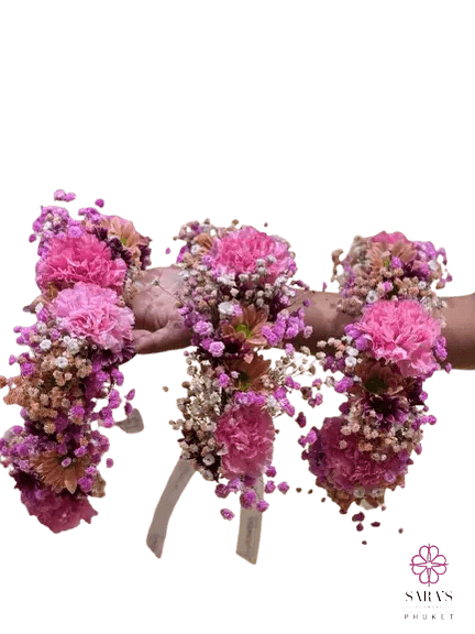 Pink fresh flower crown handcrafted with seasonal blooms by Sara's Flowers Phuket
