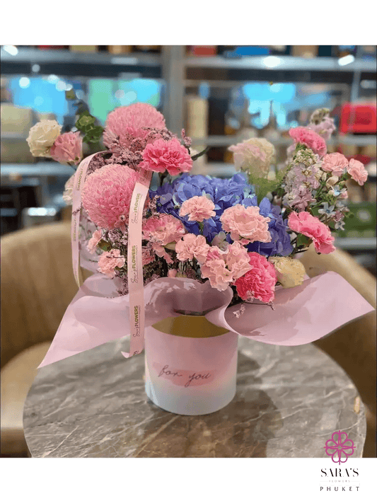Luxury pink hydrangea hatbox with same day delivery Phuket
