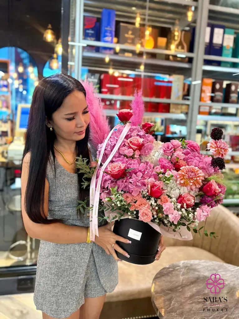 Premium pink hydrangea hatbox bouquet with same-day delivery Phuket