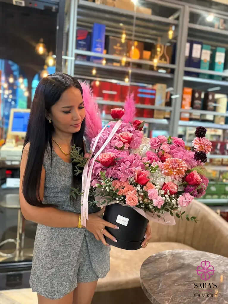 Luxury pink hydrangea hatbox arrangement with premium flowers by Sara’s Flowers Phuket