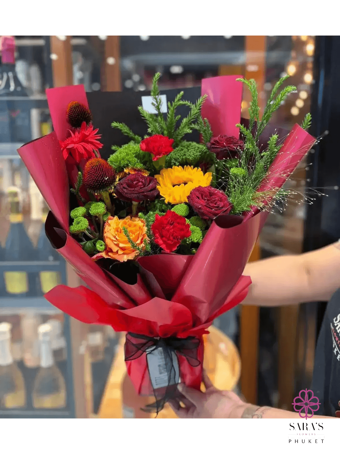 Modern colorful bouquet with roses and seasonal flowers in Phuket