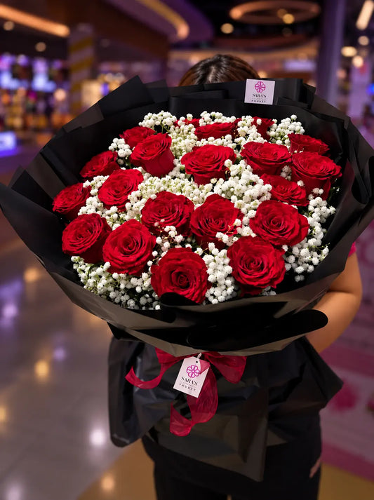 The Bold 21 Rose Bouquet with Babies Breath