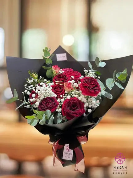 Luxury red rose bouquet with baby’s breath and black wrapping by Sara’s Flowers Phuket