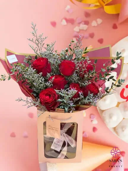 Velvet Promise Rose Bouquet with red roses limonium eucalyptus and luxury wrapping in Phuket