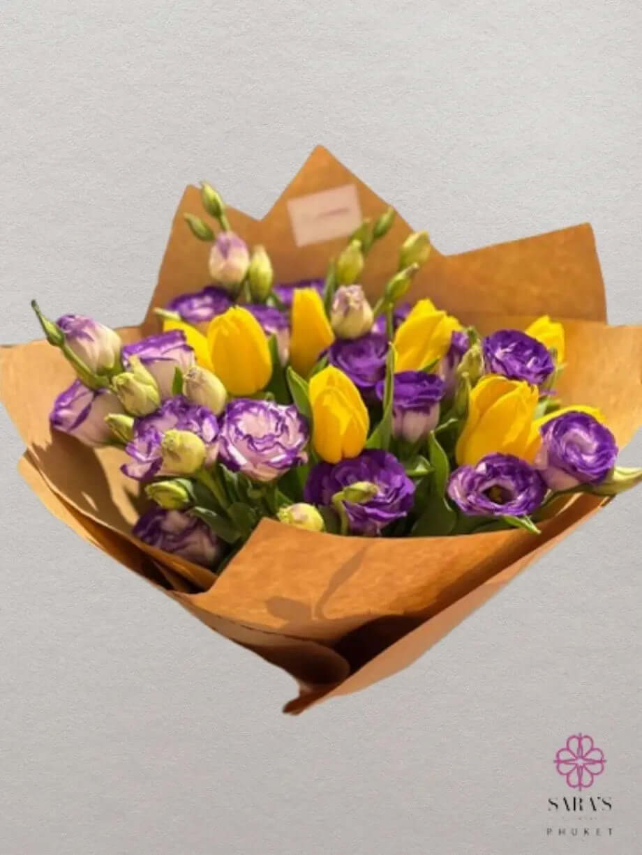 Yellow tulip bouquet with purple lisianthus by Sara’s Flowers Phuket