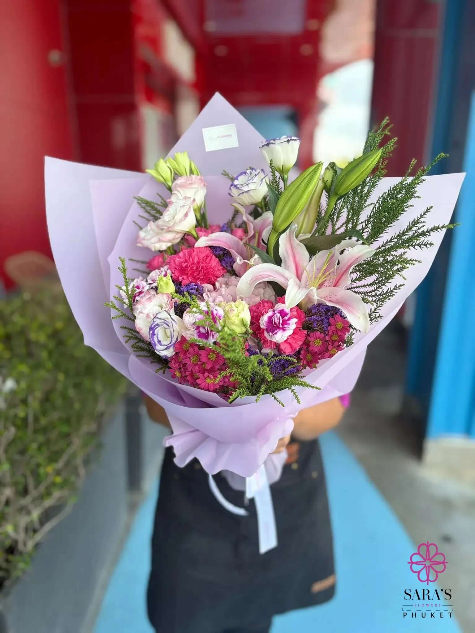 Same-day flower delivery Phuket with elegant pink and purple bouquet