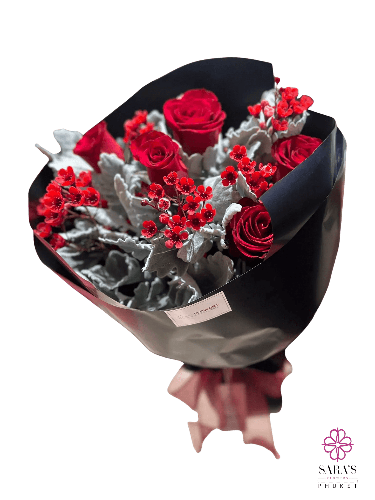 Luxury red rose bouquet with silver foliage and elegant black wrapping by Sara's Flowers Phuket