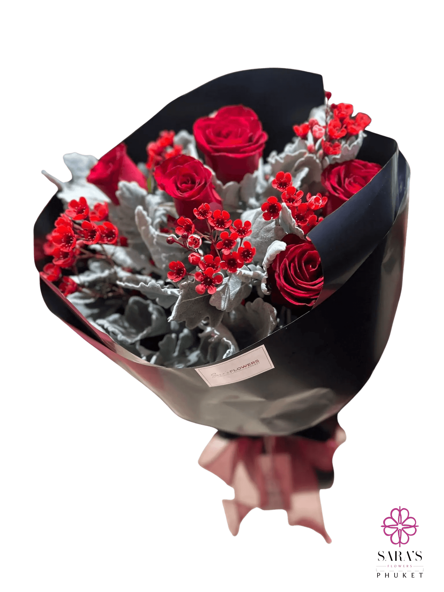 Luxury red rose bouquet with silver foliage and elegant black wrapping by Sara's Flowers Phuket