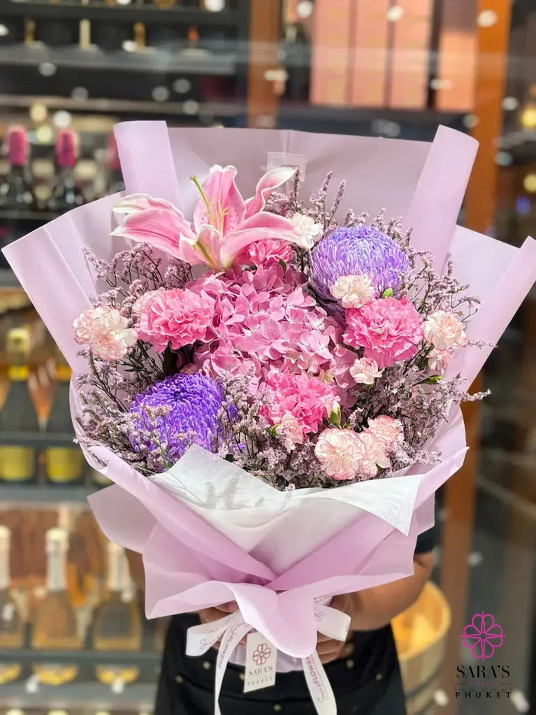 Luxury pastel bouquet with pink lilies, hydrangea, and purple chrysanthemums by Sara’s Flowers Phuket