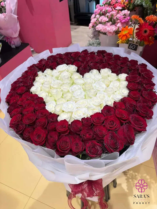 Luxury 150 rose heart bouquet with red and white roses by Sara’s Flowers Phuket