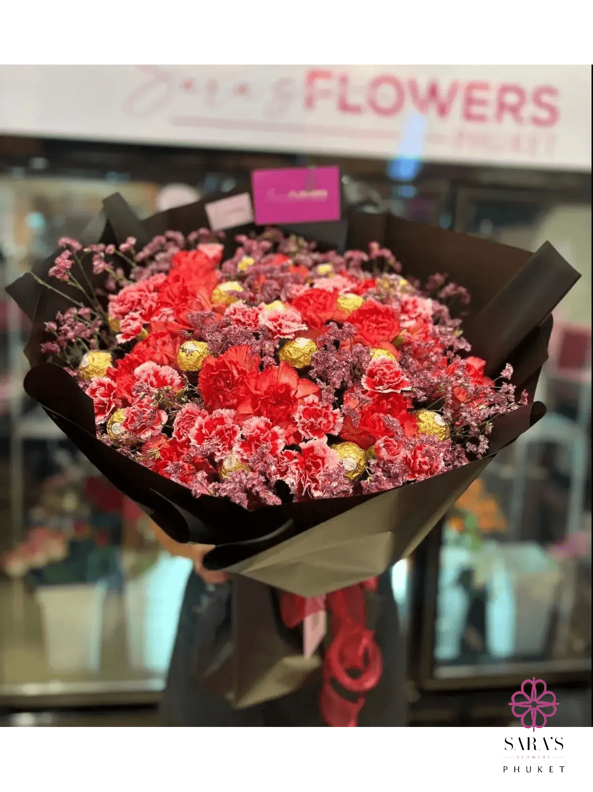 Luxury romantic bouquet with Ferrero Rocher chocolates and red roses by Sara’s Flowers Phuket