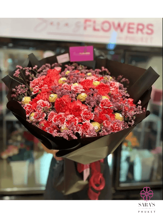 Luxury romantic bouquet with Ferrero Rocher chocolates and red roses by Sara’s Flowers Phuket