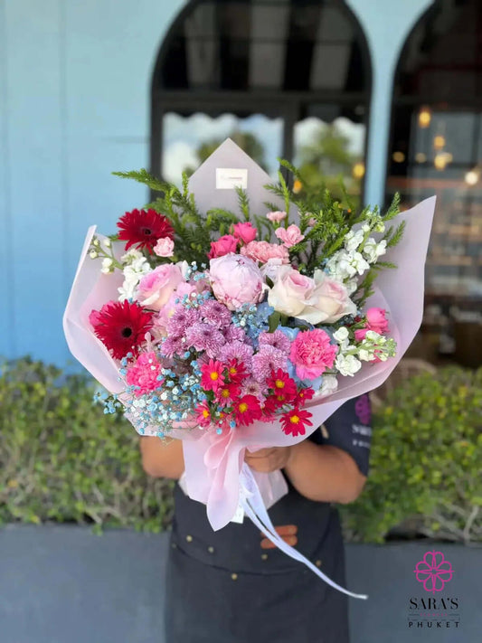 Luxury pastel bouquet with pink hydrangea roses gerberas and carnations by Sara’s Flowers Phuket