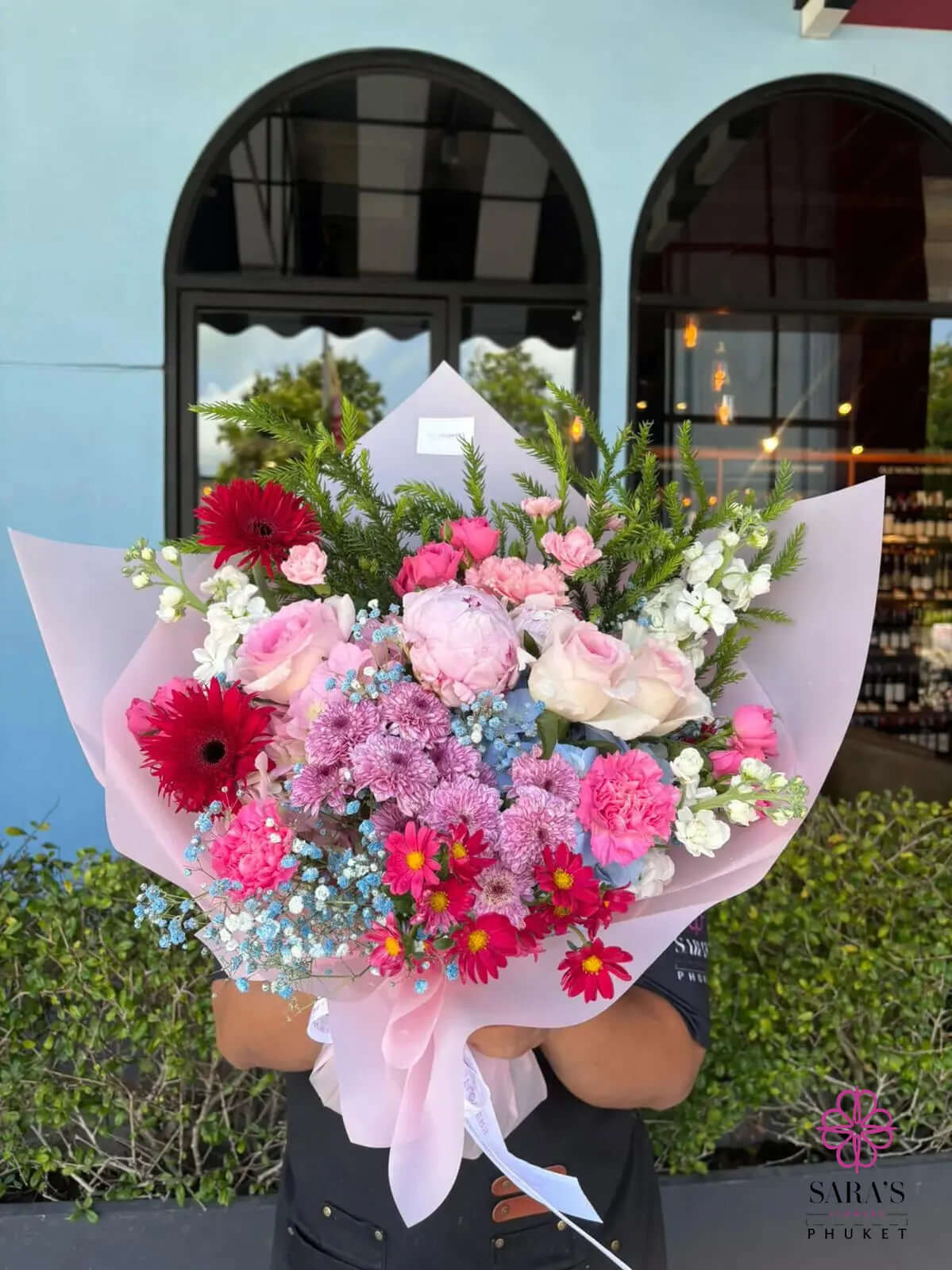 Large blush garden bouquet with hydrangea and mixed flowers by Sara’s Flowers Phuket
