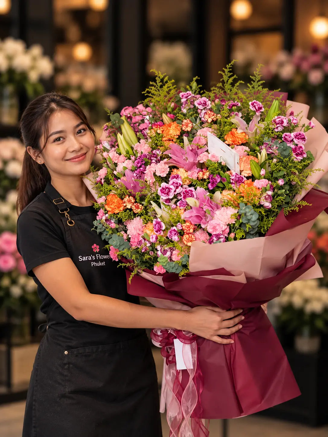Thai florist holding The Grand Romance giant flower bouquet with pink lilies, carnations and burgundy wrapping at Sara's Flowers Phuket.